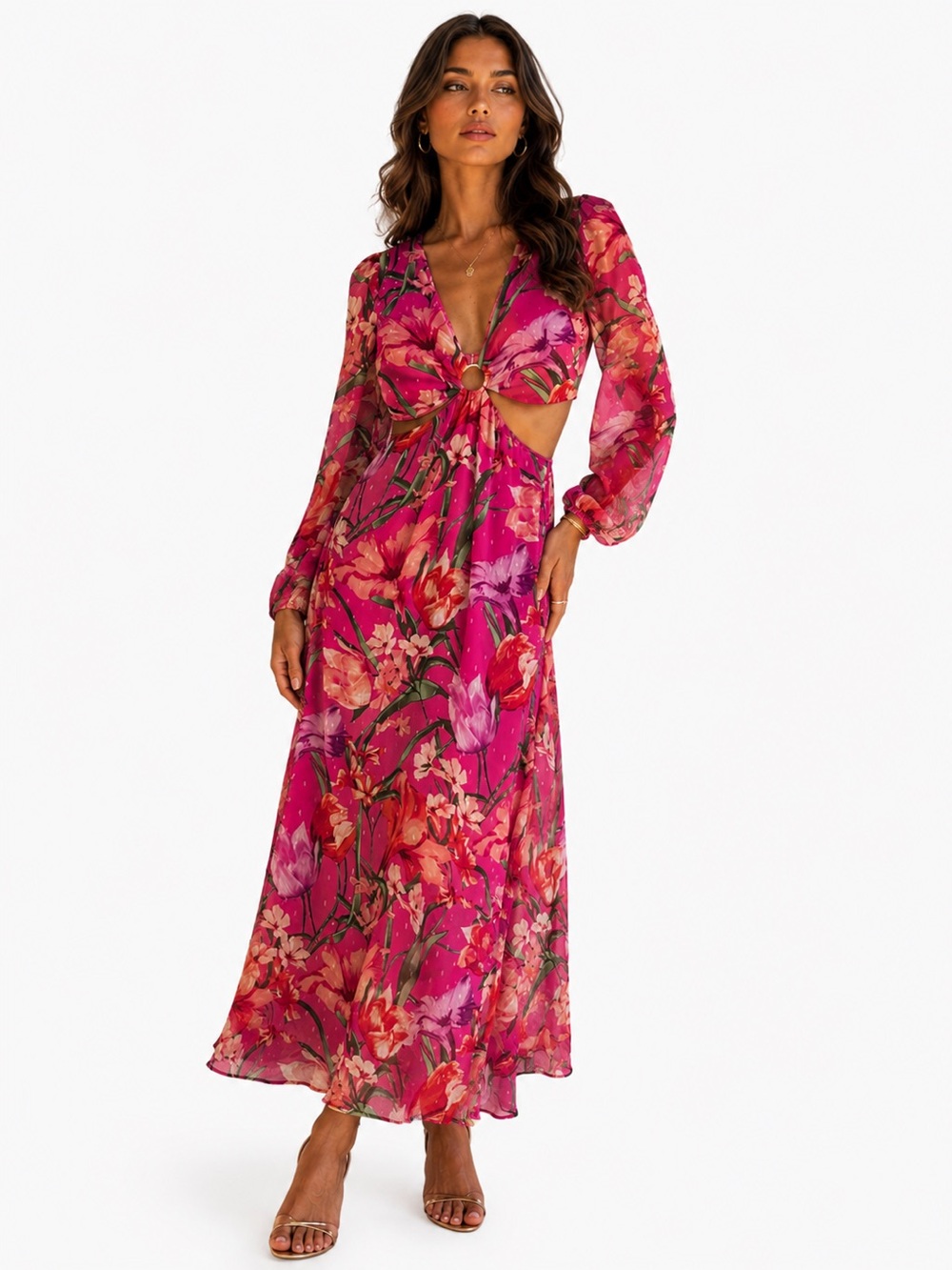 Sienna Pink Floral Cutout Midi Dress Long Sleeve Size 2 Vacation Resort Tropical